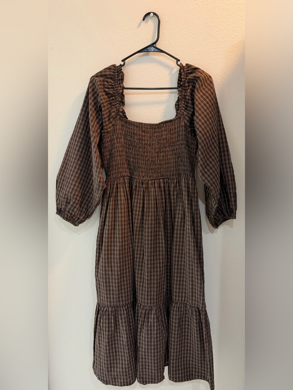 Women’s Brown Plaid Smocked Midi Dress